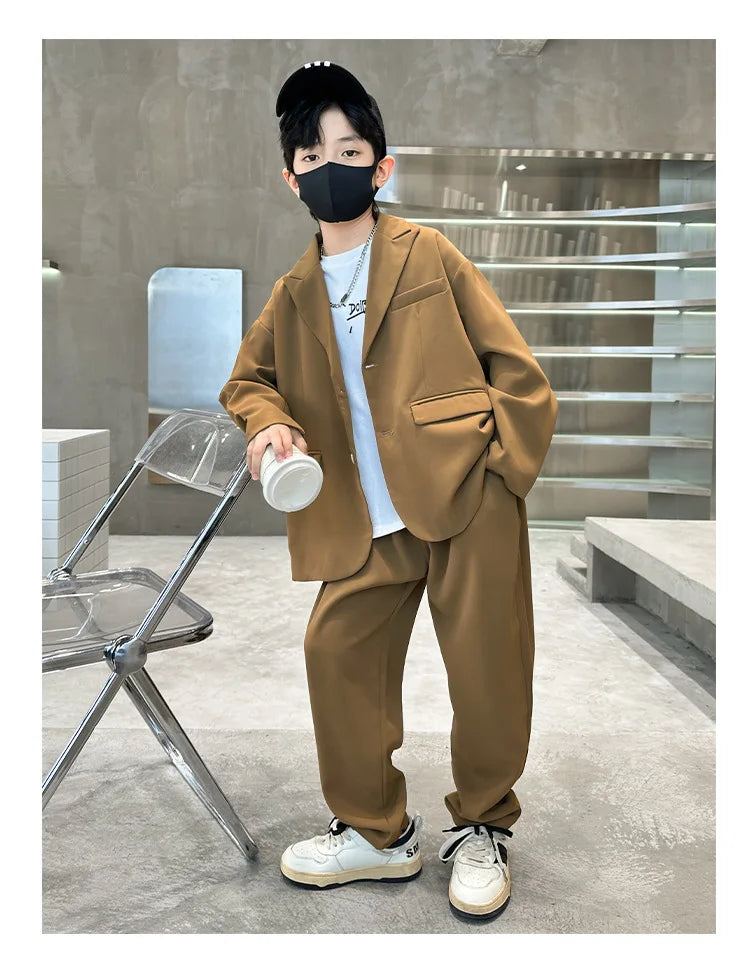 Suit for Boys Autumn Fashion Casual Loose Blazer Trousers Two Pieces Teen School Kids Clothes Set 13 14 Years Children Costumes