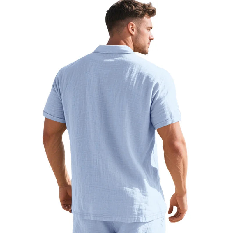 High-Quality Cotton Linen Short-Sleeved POLO Shirt Men Casual Loose Comfortable Shirt summer tees Button turn-down collar tops
