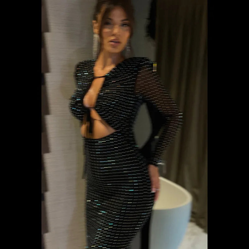 Autumn Winter Sequins Hollow Out Sexy Party Club Maxi Dress Outfits for Women Mesh Long Sleeve Lace Up Bodycon Dresses Vestido