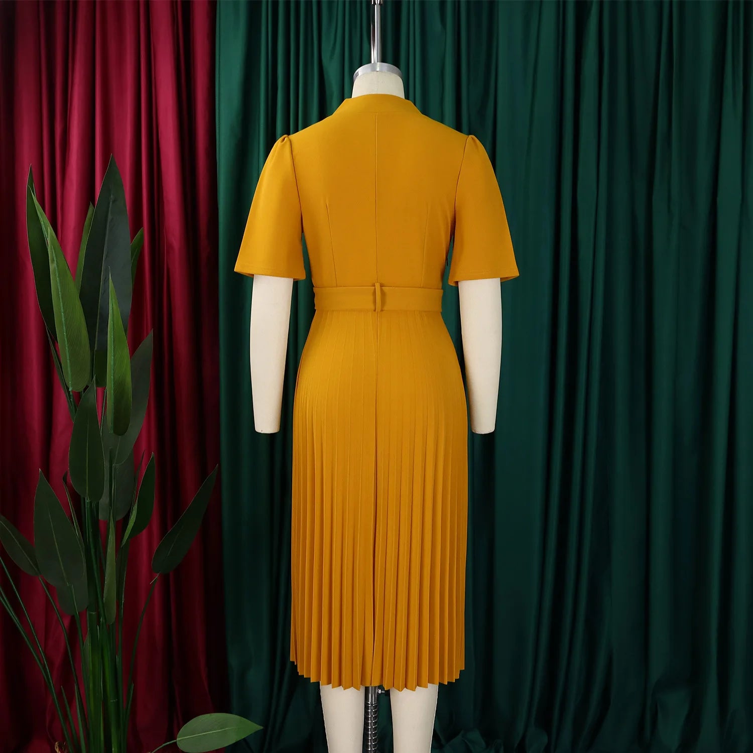 Fashion Ladies Birthday Party Dinner Night Dress New Elegant Pleated Dresses For Women V Neck Short Sleeve Belt Waisted Mid Calf