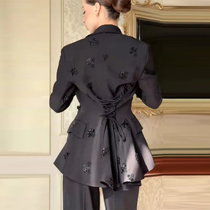Vintage Beading Blazer Jacket Pant Lapel A Line Lace Up Suit Coat Big Leg Casual Loose Suit Pant 2026 New Lady Commuter Outfits
