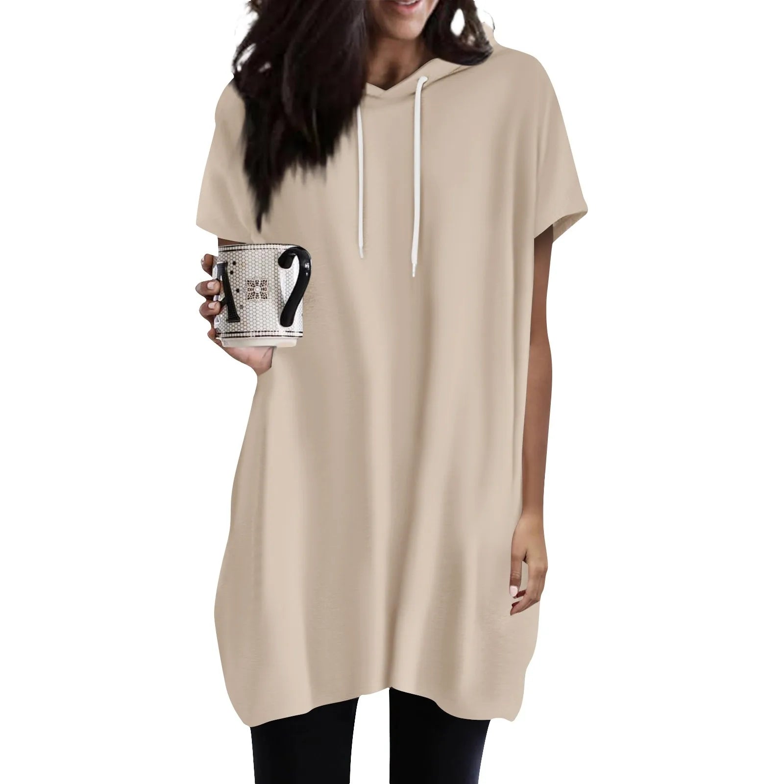 Hoodies Oversized Solid Color Daily Short Sleeve Long Shirts Fashionable Basics Minimalist Comfortable Top Or Dress With Pockets