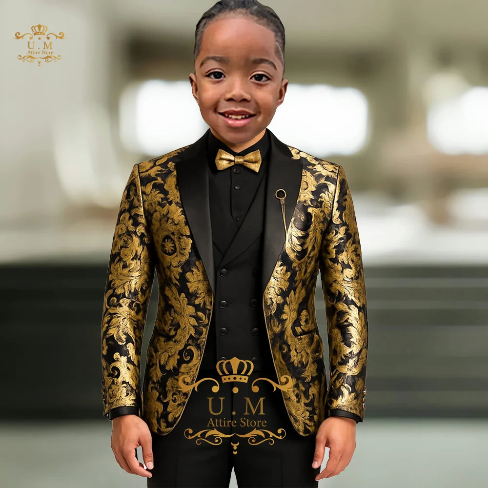Luxury Jacquard Boys Suit 3pcs Set Black Gold Blazer Waistcoat Pants Tailored Fit for Wedding Pageboy Prom Party Kids Tuxedo