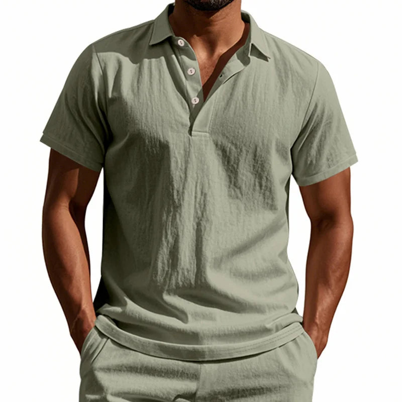 High-Quality Cotton Linen Short-Sleeved POLO Shirt Men Casual Loose Comfortable Shirt summer tees Button turn-down collar tops