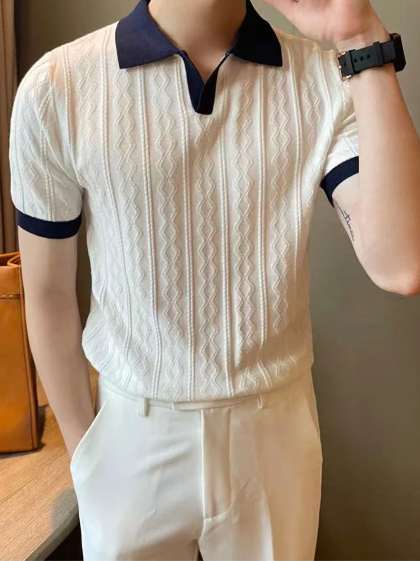 New Men's Slim Fit Polo Shirt Solid Color Elastic Sexy Collar T-shirt Fashionable Casual Top Summer Clothing Comfortable