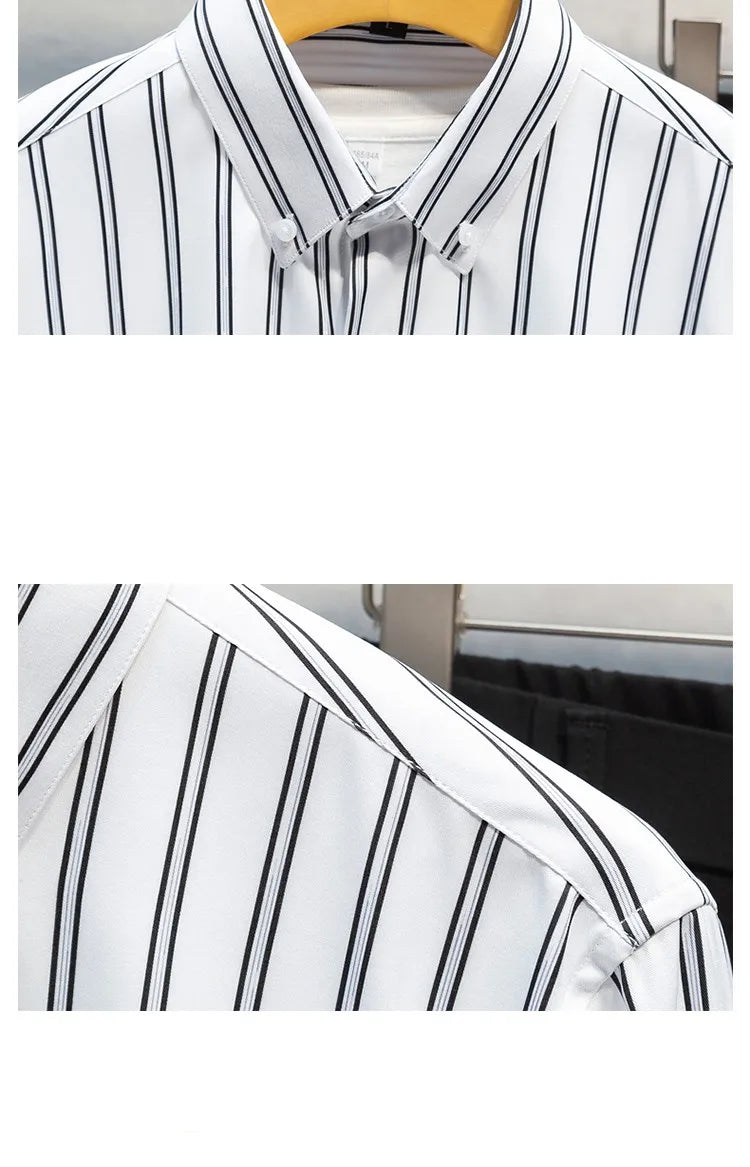 Mens Striped Shirts Korean Fashion Business Formal Wear Long Sleeve Men's Social Shirt Dress Slim Fit Elastic Office Blouse Male