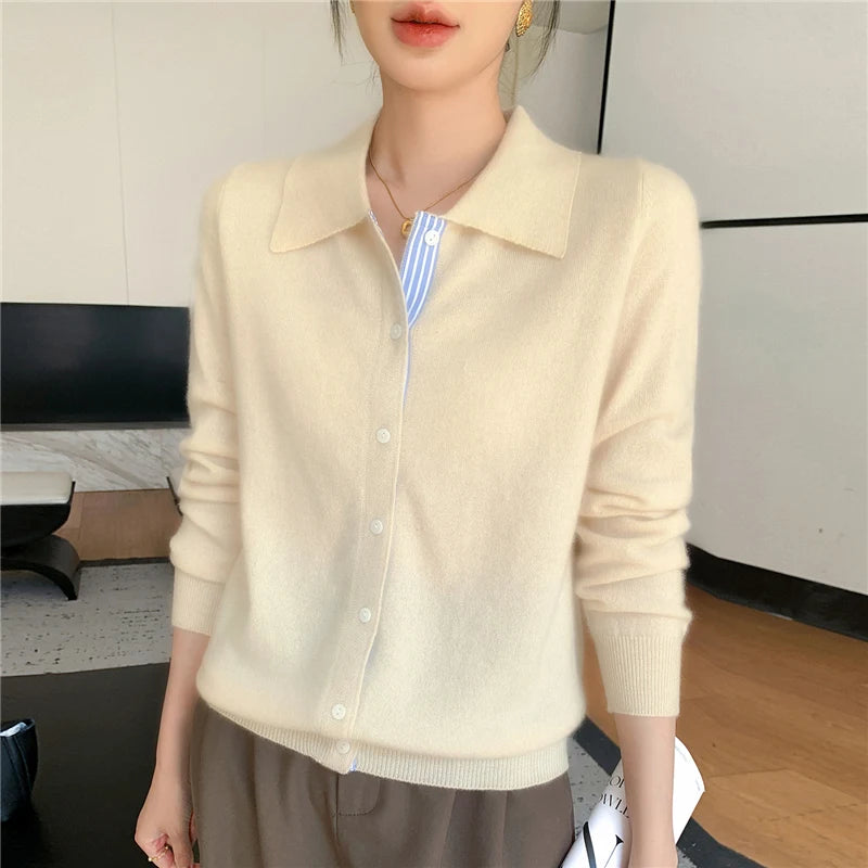 Women's Polo Collar Shirt Cardigan Merino Wool Sweater Long-sleeve Color Bar Clothing Spring Autumn Warm Knitwear Female Top