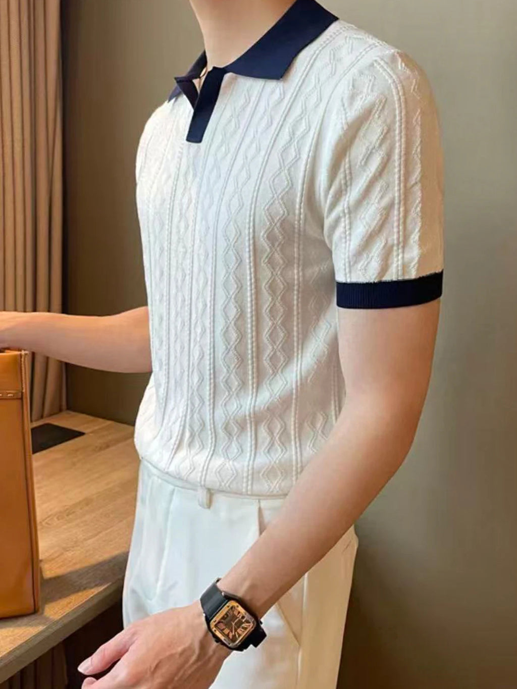 New Men's Slim Fit Polo Shirt Solid Color Elastic Sexy Collar T-shirt Fashionable Casual Top Summer Clothing Comfortable