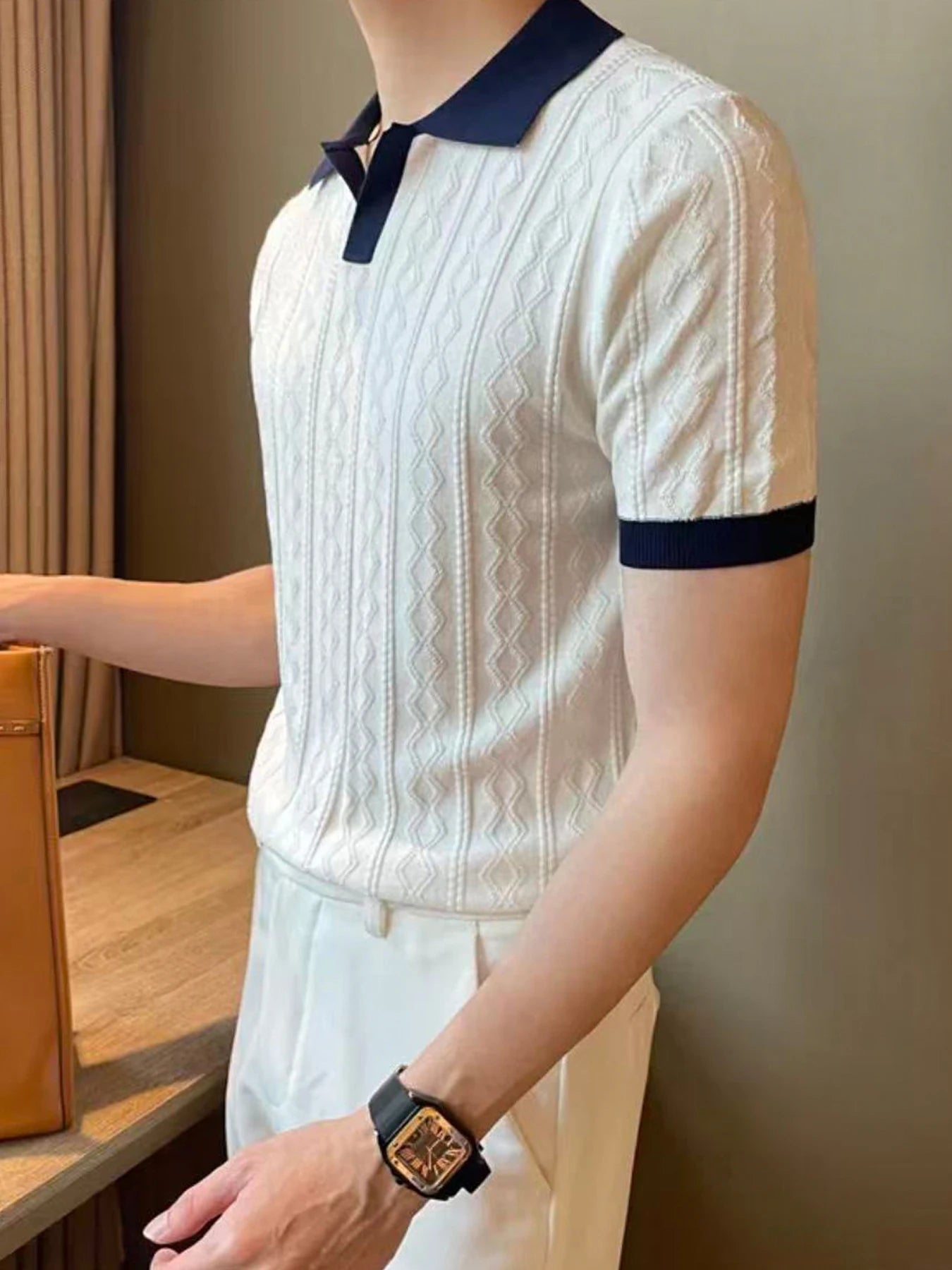 New Men's Slim Fit Polo Shirt Solid Color Elastic Sexy Collar T-shirt Fashionable Casual Top Summer Clothing Comfortable