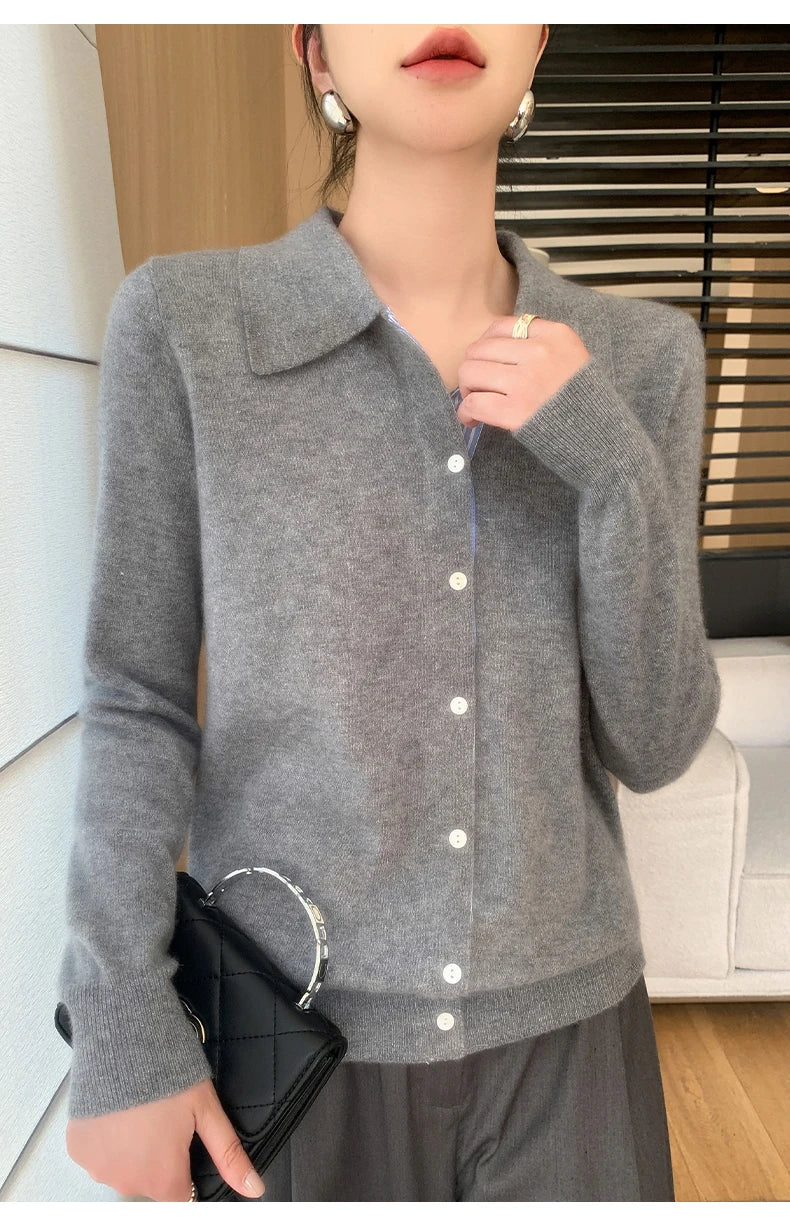 Women's Polo Collar Shirt Cardigan Merino Wool Sweater Long-sleeve Color Bar Clothing Spring Autumn Warm Knitwear Female Top