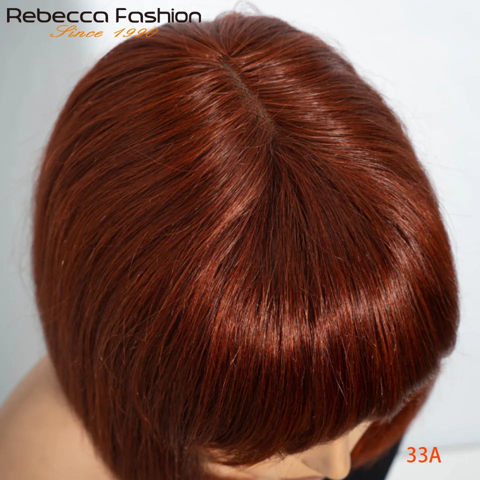 Brazilian Hair Reddish Brown color#33A Short Cut Straight Bob with Bangs 100% Human Hair Bob Wigs Real Scalp Straight Bob Wig