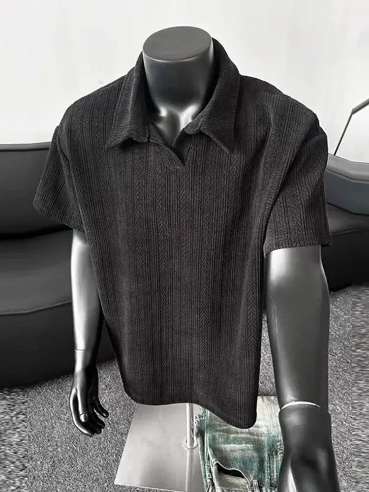 Men Short Sleeve Polo Shirt Herringbone Rib Knit Oversized Casual Top
