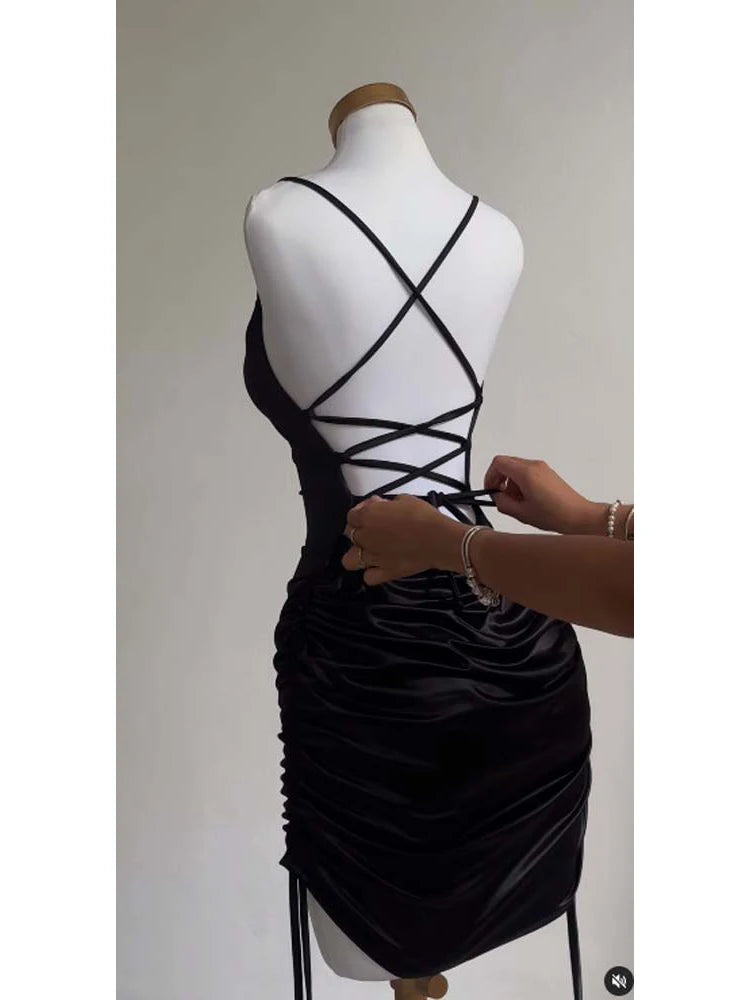 Sexy Sleeveless Backless Bodycon Mini Dress Women Summer Satin Lace Up Party Club Dresses Streetwear Evening Black Y2K 2025 Robe