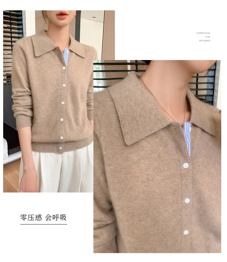 Women's Polo Collar Shirt Cardigan Merino Wool Sweater Long-sleeve Color Bar Clothing Spring Autumn Warm Knitwear Female Top