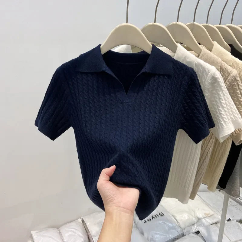Polo Neck Knit Sweater Women Short Sleeve T-shirt High-end Slim Korean Chic High-end Tops Patchwork Women Clothing Thin Pullover