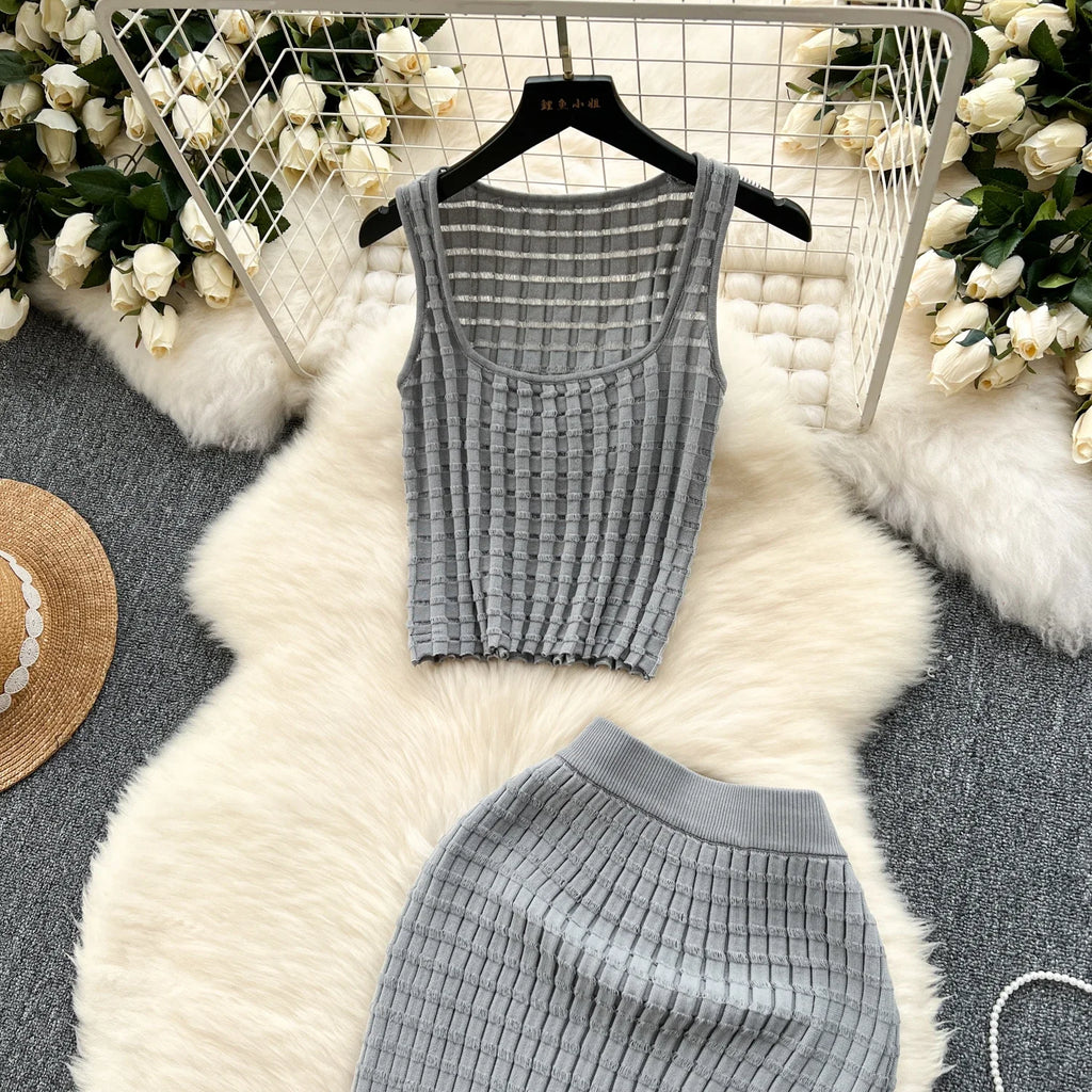 Summer Women Fashion Skirt Set Sexy Sleeveless Tank Tops High Waist Slim Long Saya Female Two Piece Suits Knit Solid Clothes