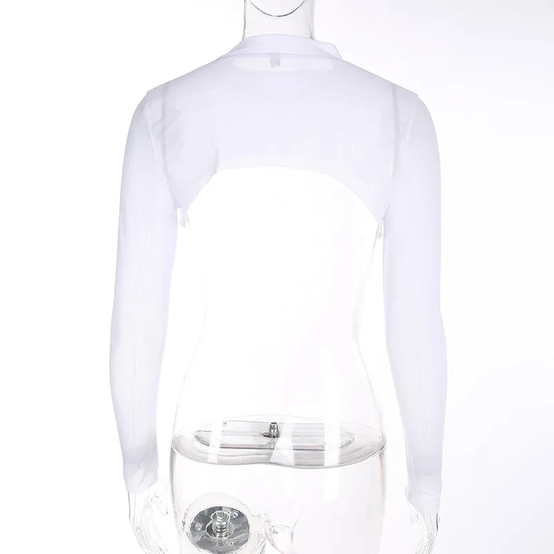 Hot Summer Sexy Top Ultra Short Perspective Round Neck Long Sleeve Solid Color Transparent T-shirt Women's Top