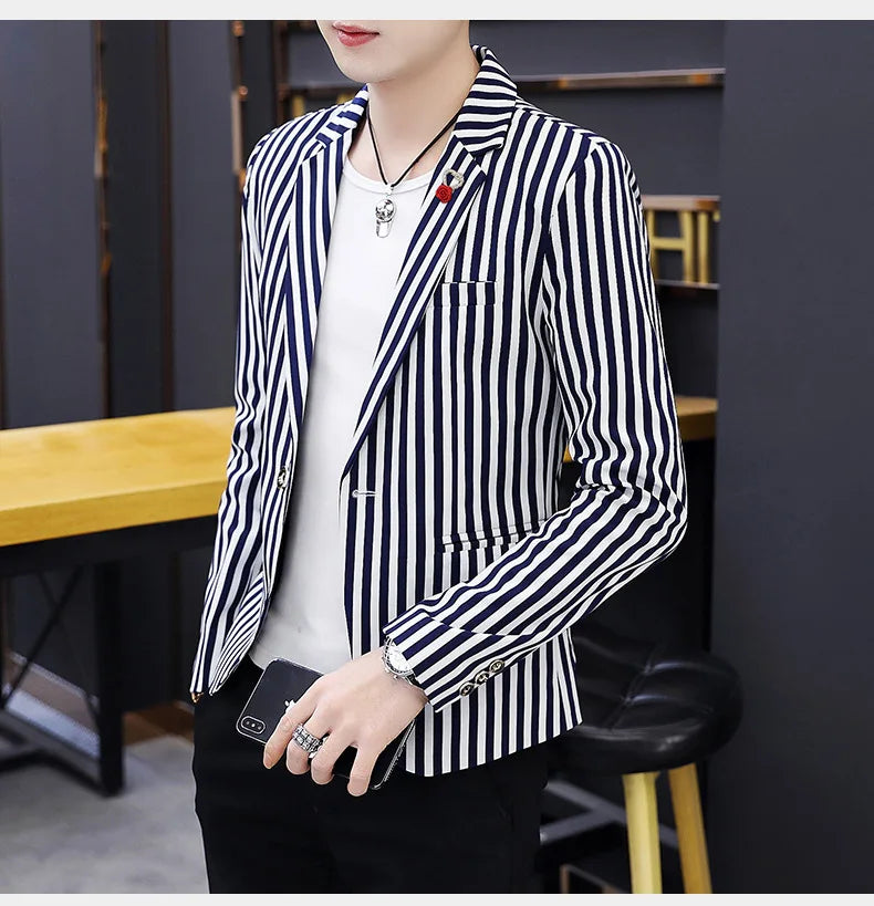 Mens Blazer Jacket 2022 New Suit Male Casual Korean Style Trendy Slim Striped Student Small Suit Jacket Hair Stylist Single Top