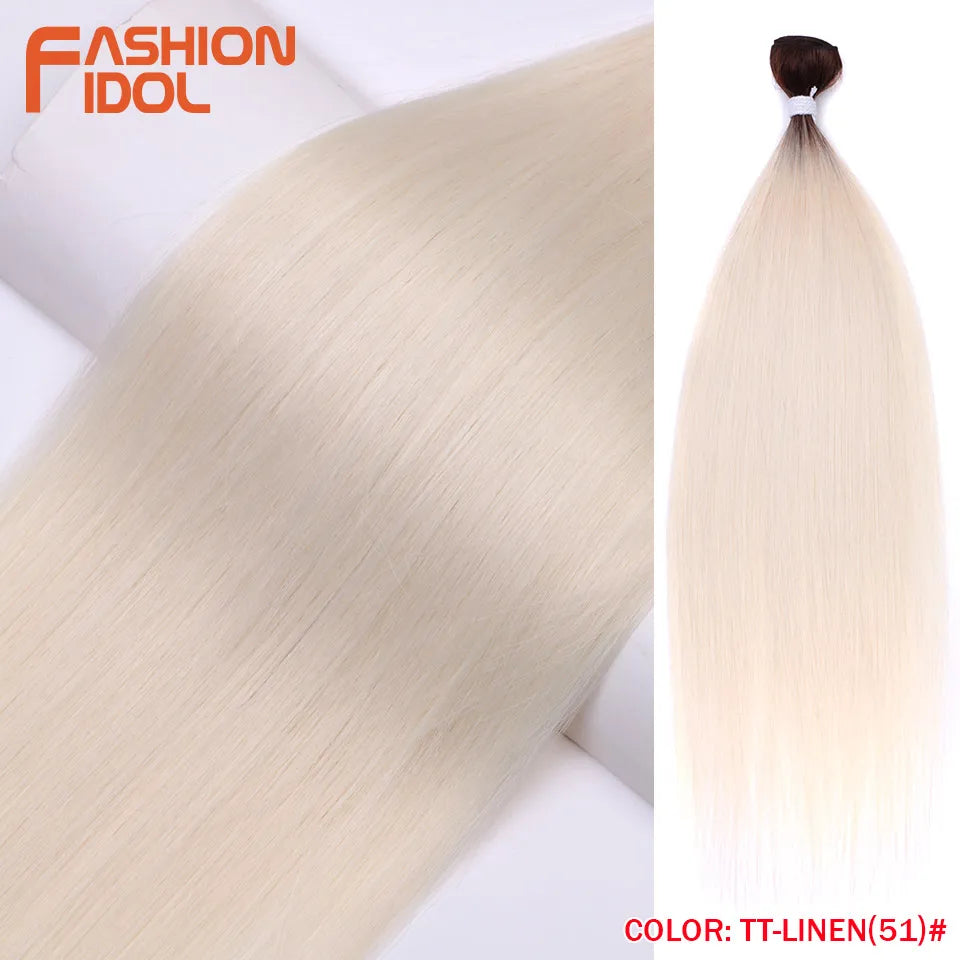 FASHION IDOL Bone Straight Hair Extensions Ombre Blonde Hair Bundles Super Long Hair Synthetic 24 Inch Straight Hair Full to End