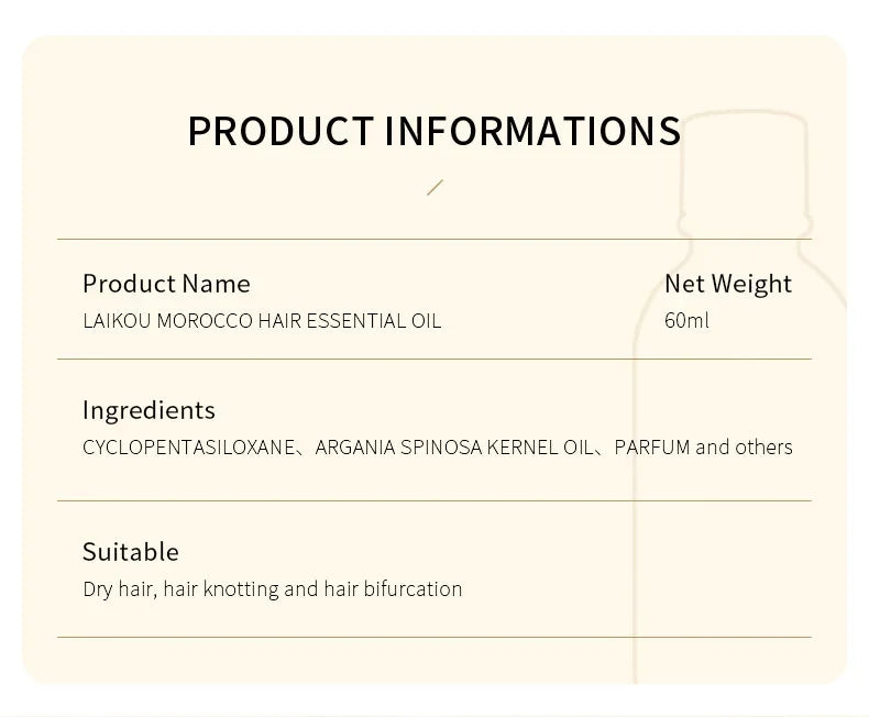 Laikou Argan Hair Oil Essential Oil Natural Anti-hair Loss Prevent Hair Dry Soft Nourishing Frizz Damaged Repair Care 60ml