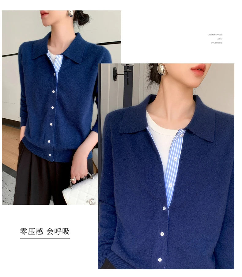 Women's Polo Collar Shirt Cardigan Merino Wool Sweater Long-sleeve Color Bar Clothing Spring Autumn Warm Knitwear Female Top