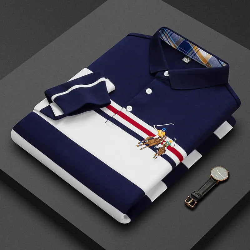 Polo Shirt Man Long Sleeve Cotton Casual Striped Polo Shirt Men Fashion Lapel Button Shirt Embroidery High Quality Breathable