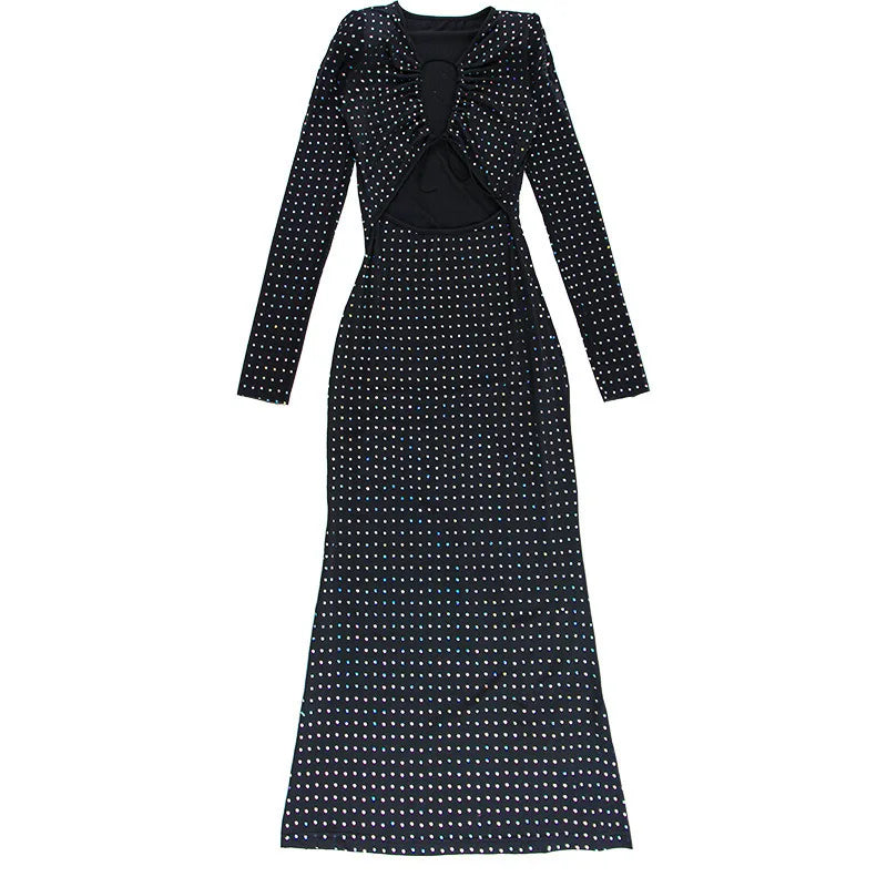 Autumn Winter Sequins Hollow Out Sexy Party Club Maxi Dress Outfits for Women Mesh Long Sleeve Lace Up Bodycon Dresses Vestido
