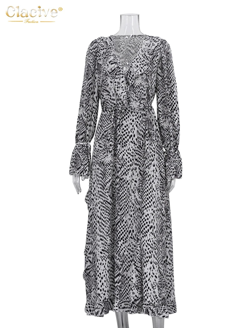 Clacive Fashion Loose Print Women's Dress 2025 Sexy V-Neck Long Sleeve Ankle Length Dresses Elegant Classic Ruffles Female Dress