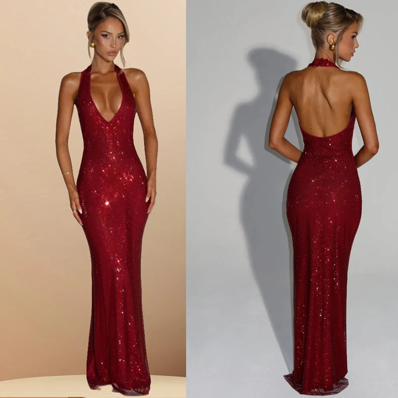 Giyu Sexy Sequined Mesh Diamond Club Evening Party Dresses Women 2025 Summer Autumn Sleeveless Backless Bodycon Maxi Long Dress