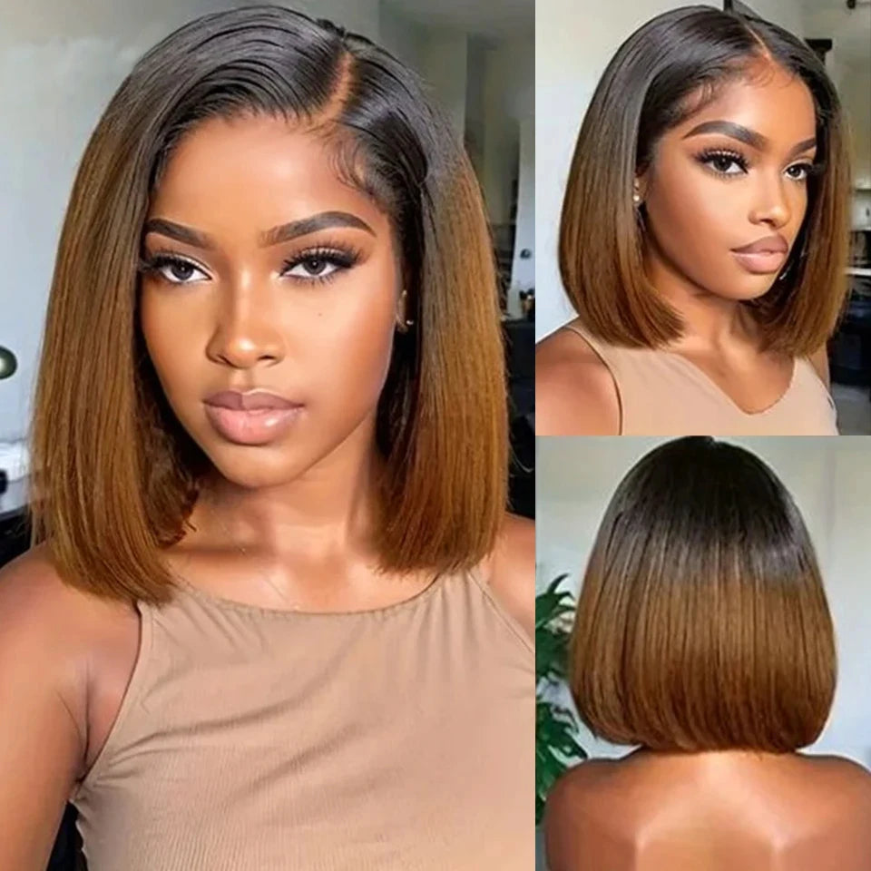 Chocolate Brown Bone Straight Short Bob Wigs 13x4 Lace Front Wigs Human Hair Brazilian Colored Human Hair Bob Wigs 180% Density