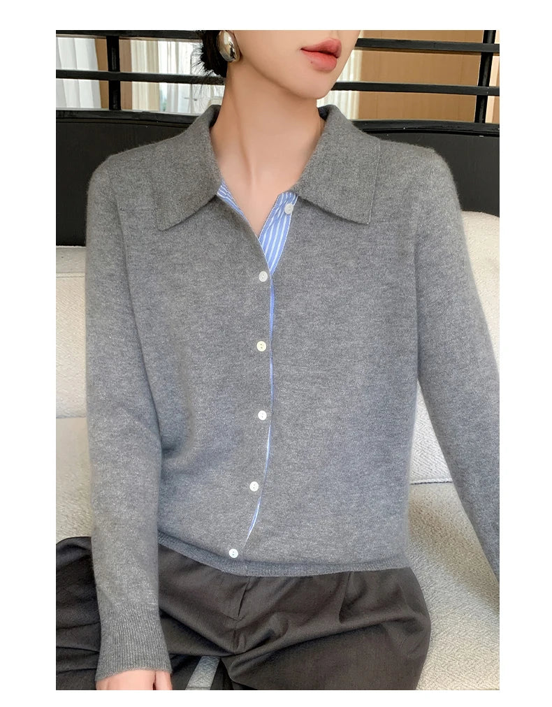 Women's Polo Collar Shirt Cardigan Merino Wool Sweater Long-sleeve Color Bar Clothing Spring Autumn Warm Knitwear Female Top