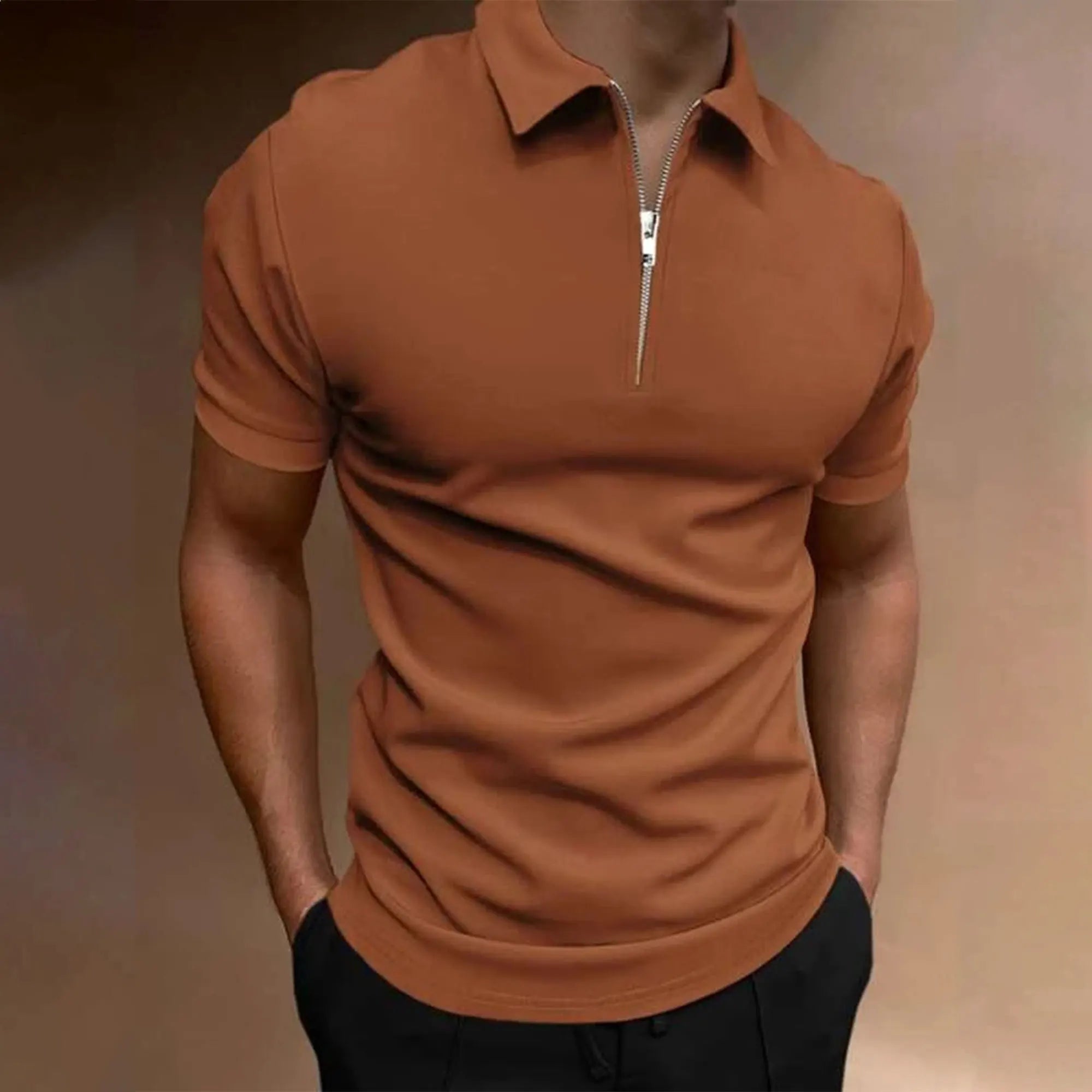 Men's polo shirt solid color short-sleeved zipper lapel T-shirt casual top
