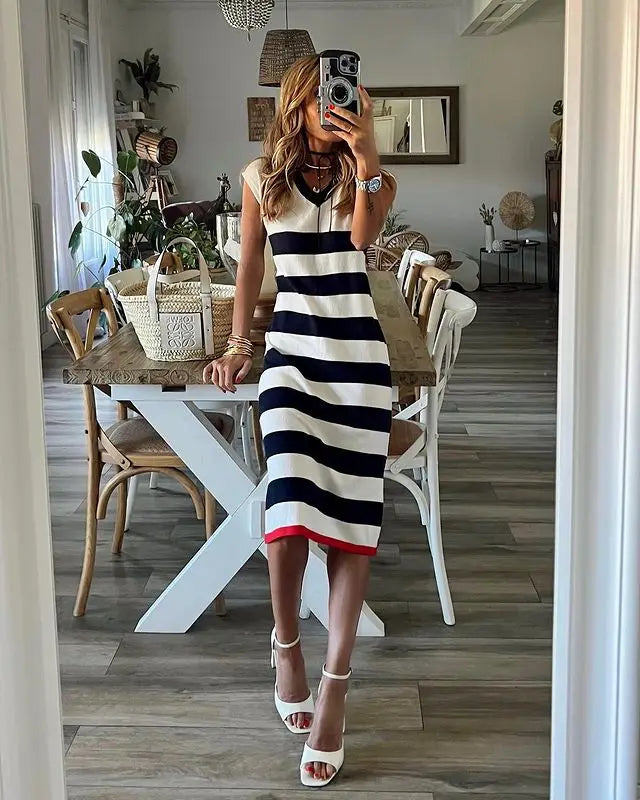 Black White Striped Pullover Dress For Women 2026 Summer New Style Striped V-neck Hem Slit Casual Loose Dress Ladies Vestidos