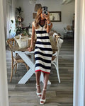 Black White Striped Pullover Dress For Women 2026 Summer New Style Striped V-neck Hem Slit Casual Loose Dress Ladies Vestidos
