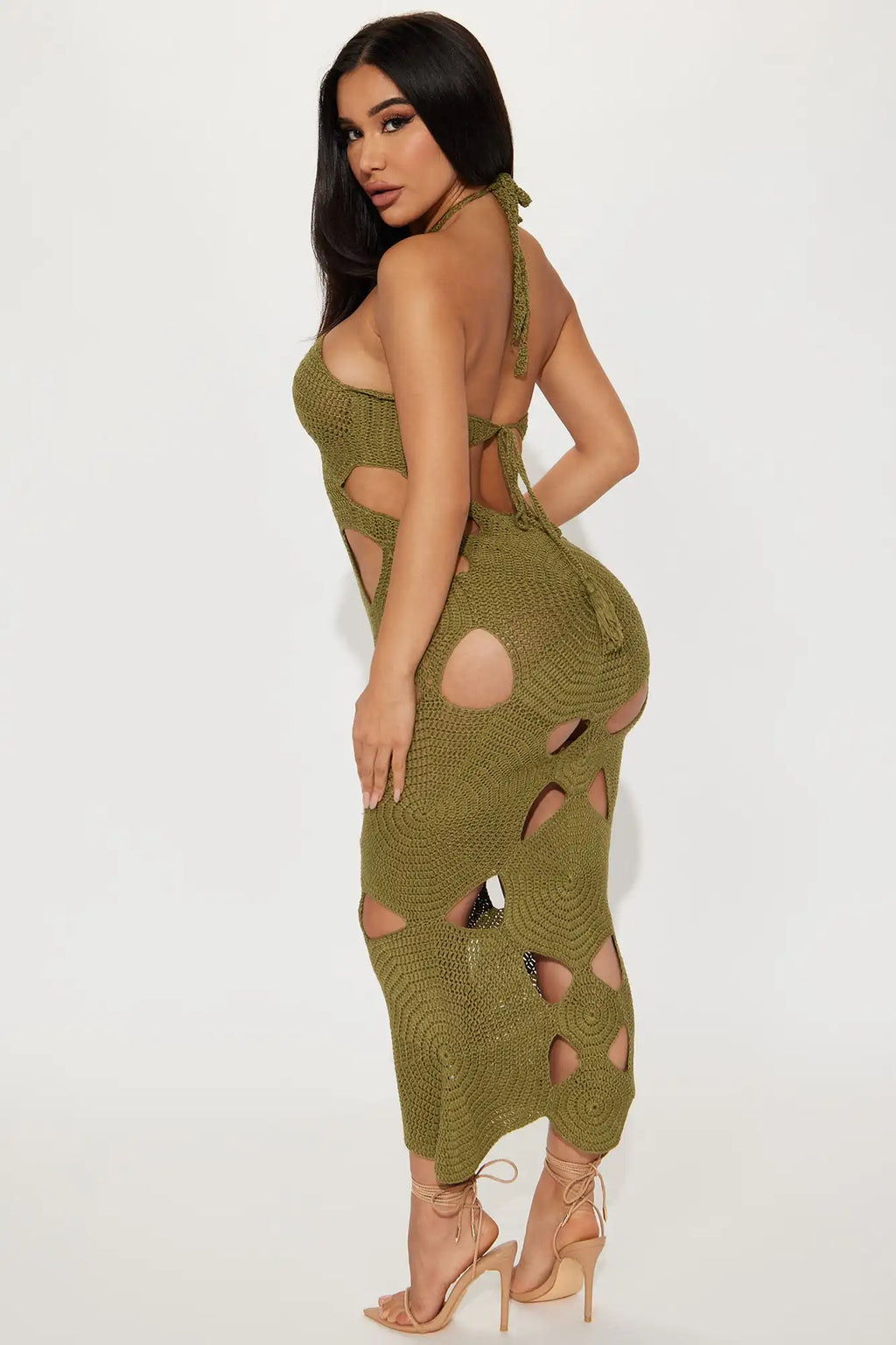 Bungalow Handmade Crochet Midi Dress Cream For Sexy Women Fashion Cut Out Halter Vacation Dress Club Party Hollow Out Dress