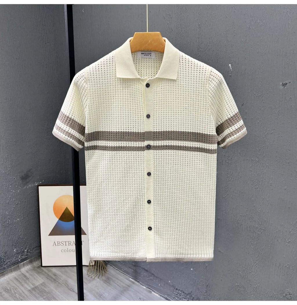POLO Shirt Knitted Sweater Short-sleeved Men's Hollow Cardigan Striped Old Money Wind Casual T-shirt Summer Men Clothing