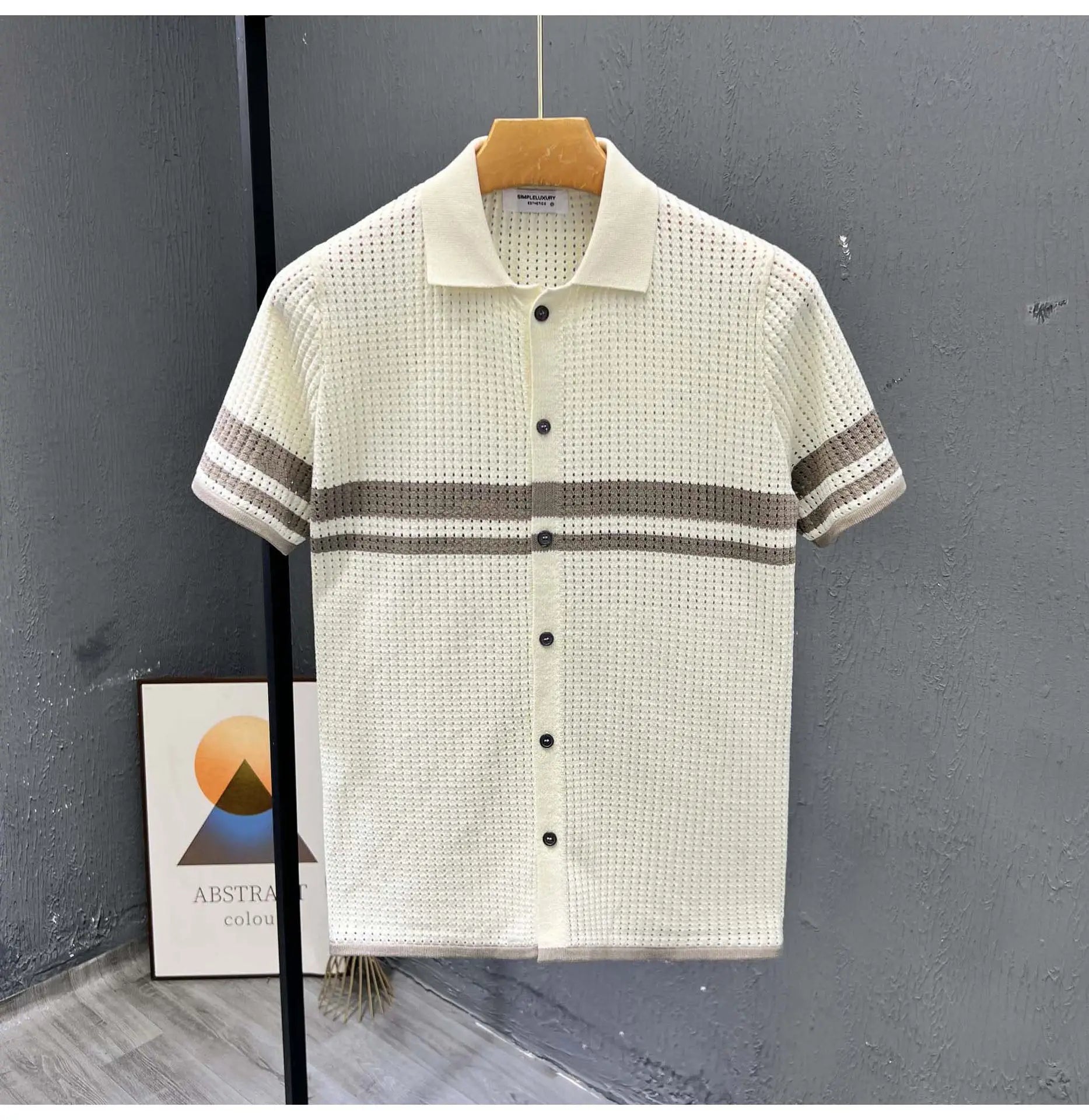 POLO Shirt Knitted Sweater Short-sleeved Men's Hollow Cardigan Striped Old Money Wind Casual T-shirt Summer Men Clothing