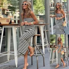 Black White Striped Pullover Dress For Women 2026 Summer New Style Striped V-neck Hem Slit Casual Loose Dress Ladies Vestidos