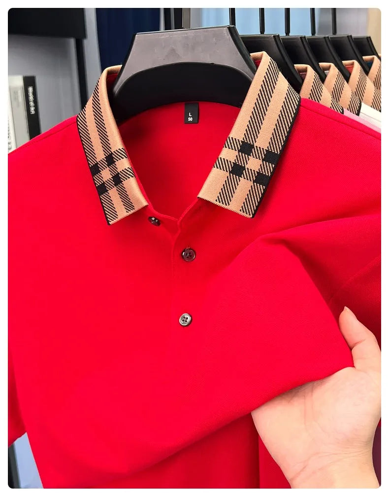 Fashion brand plaid lapel short sleeve polo shirt men summer new style simple solid color high-end business casual golf T-shirt