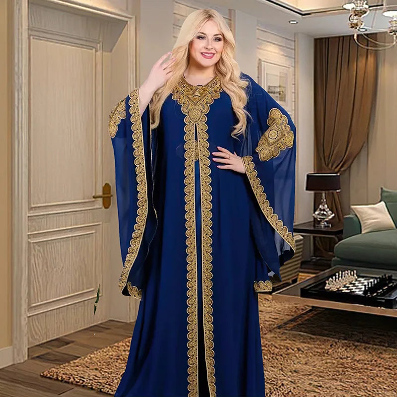 Party Dresses for Women Abaya Muslim Caftan 2 Piece Set Eid Flare Sleeves Robe Embroidered Gold Lace Dress Suit Jalabiya Ramadan
