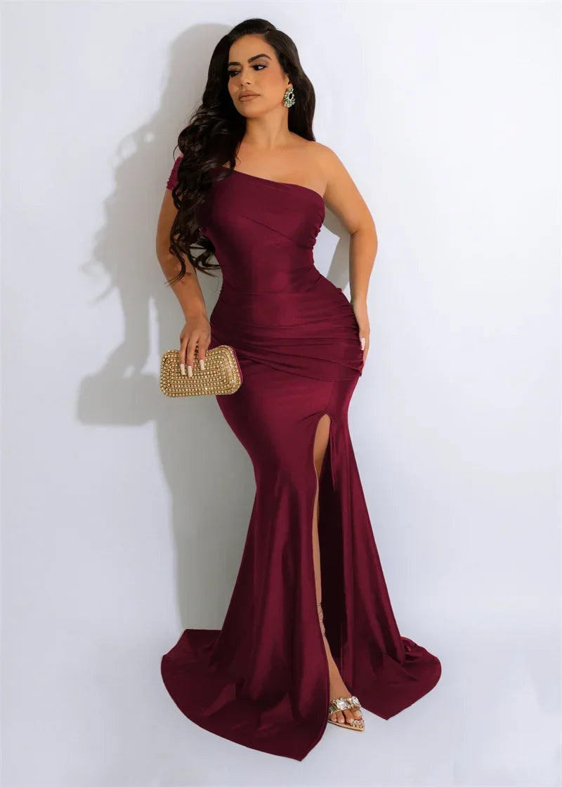 Elegant One Shoulder Split Mermaid Long Dresses for Women Evening Night Party Sleeveless Ruched Formal Prom Wedding Guest Dress