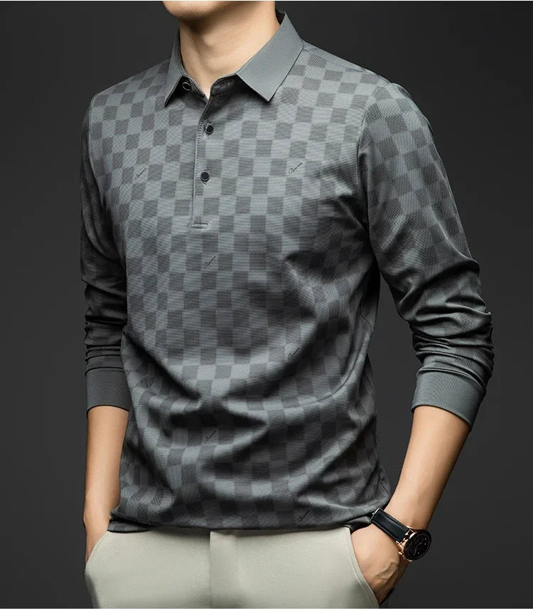 Polo Shirts for Man Autumn Business Slim Fit Long Sleeve T Shirt Men New Casual Loose Pullover Plaid Men Tops & Tees