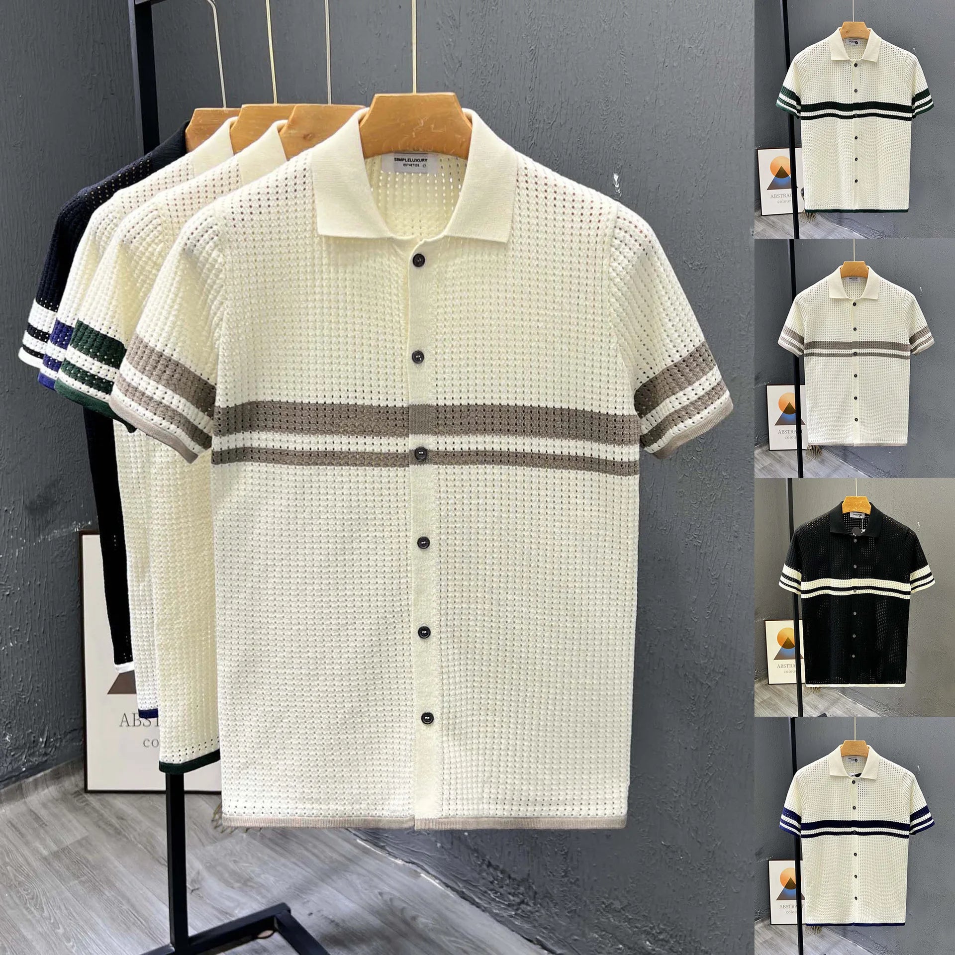 POLO Shirt Knitted Sweater Short-sleeved Men's Hollow Cardigan Striped Old Money Wind Casual T-shirt Summer Men Clothing