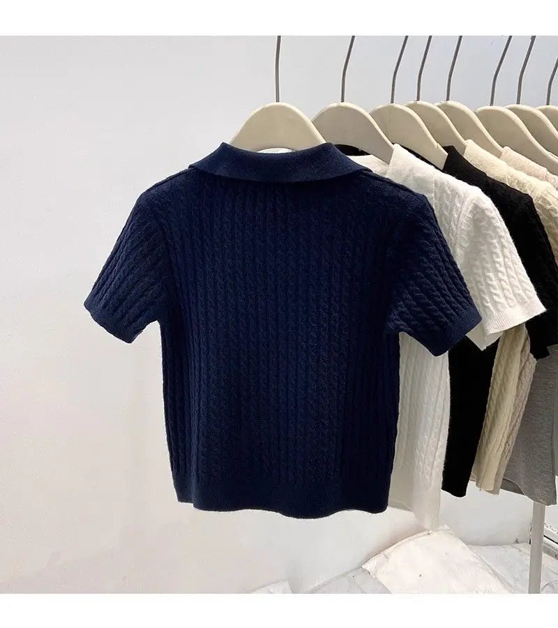 Polo Neck Knit Sweater Women Short Sleeve T-shirt High-end Slim Korean Chic High-end Tops Patchwork Women Clothing Thin Pullover