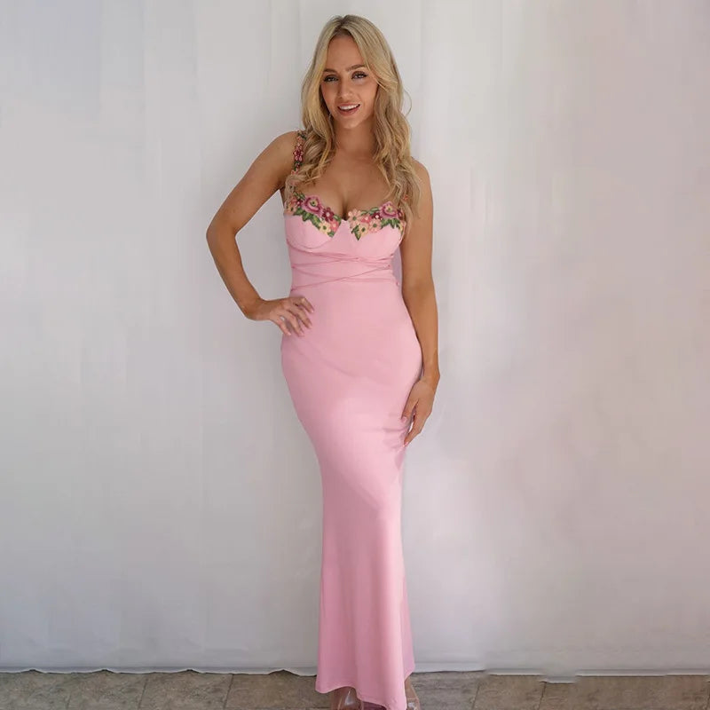 Y2K Sexy Sleeveless Backless Floral Maxi Long Dresses Outfits for Women Summer Lace Up Bandage Bodycon Party Club Dress Gift