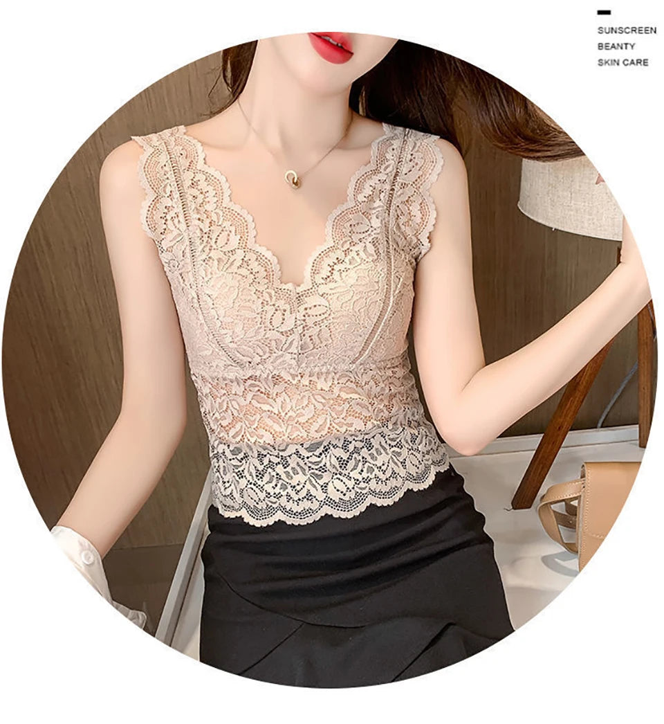 Summer Sexy Deep V Lace Vest With Breast PadsEmbroidery Floral Tank Top Wrapped Chest Camisole Padded Crop Tank Top For Women