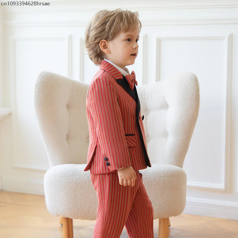 Children Boys Red Luxurious Striped Suit Formal Blazer Vest Pant Boys Suits Outfits Set British Style Handsome Wedding Suit