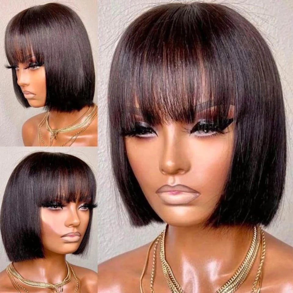 Brazilian Hair Reddish Brown color#33A Short Cut Straight Bob with Bangs 100% Human Hair Bob Wigs Real Scalp Straight Bob Wig