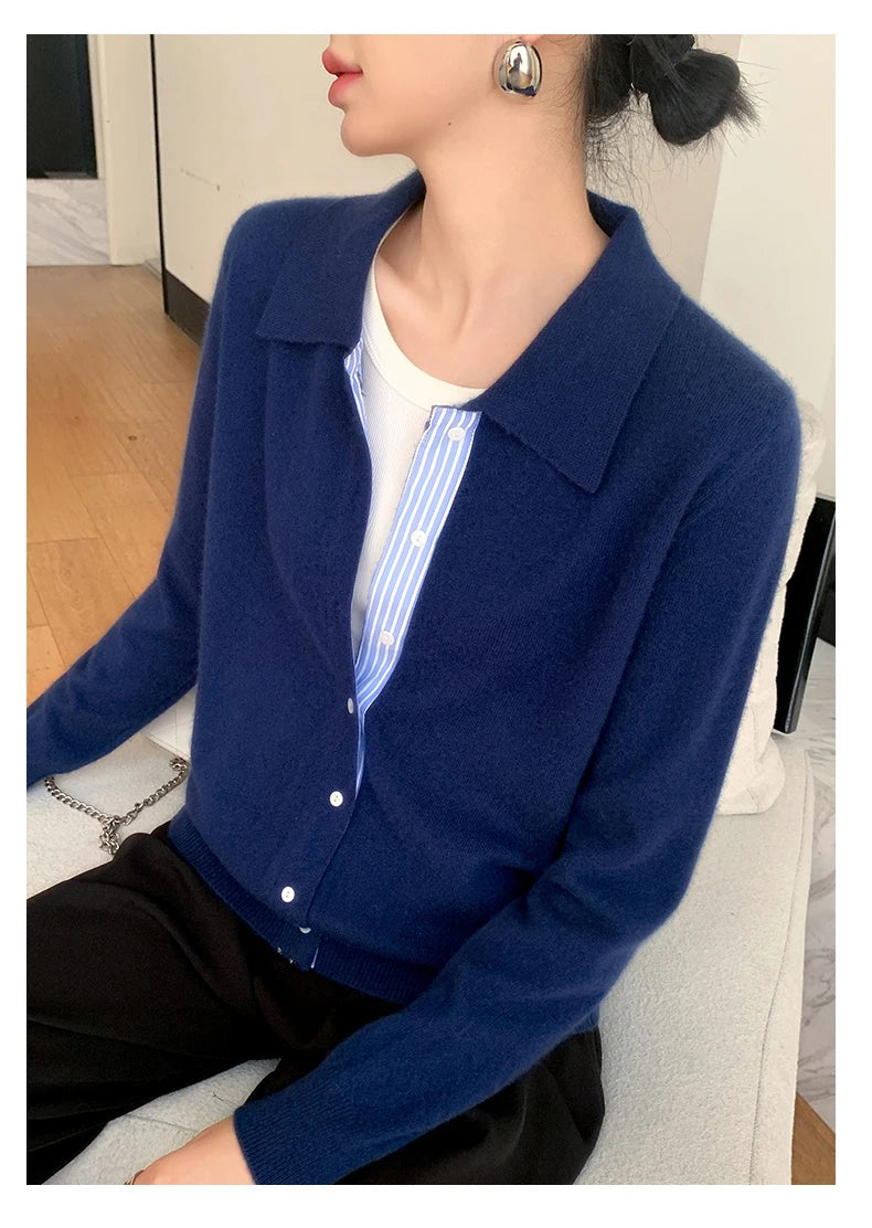 Women's Polo Collar Shirt Cardigan Merino Wool Sweater Long-sleeve Color Bar Clothing Spring Autumn Warm Knitwear Female Top