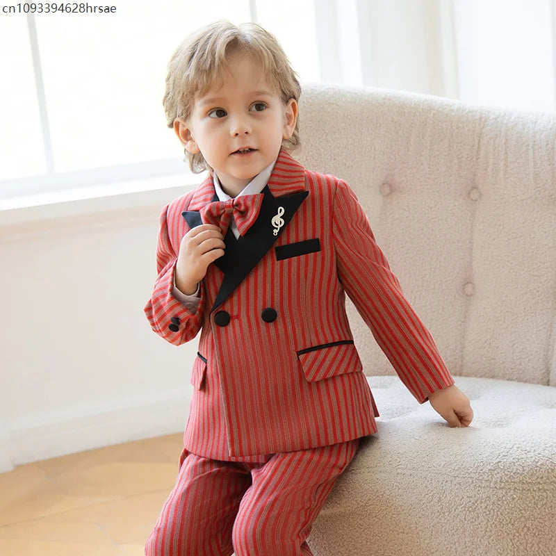 Children Boys Red Luxurious Striped Suit Formal Blazer Vest Pant Boys Suits Outfits Set British Style Handsome Wedding Suit